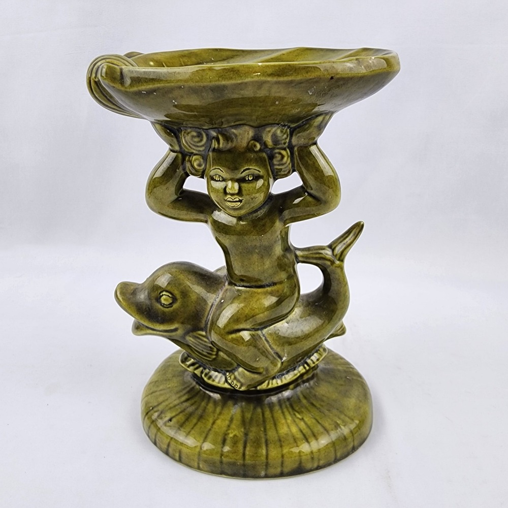 Vtg Ceramic Holland Mold Cherub Angel Child Dolphin Iridized‎ Pedestal Soap Dish